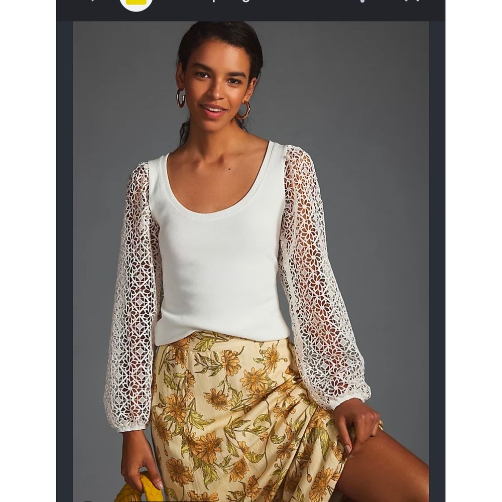 Maeve Anthropologie Lace Sleeve Medium White Ribbed Scoop Neck Top Geometric